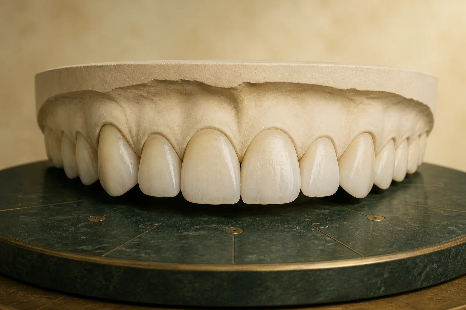 Initial fictional dental study model on a mineral-green calibration plate