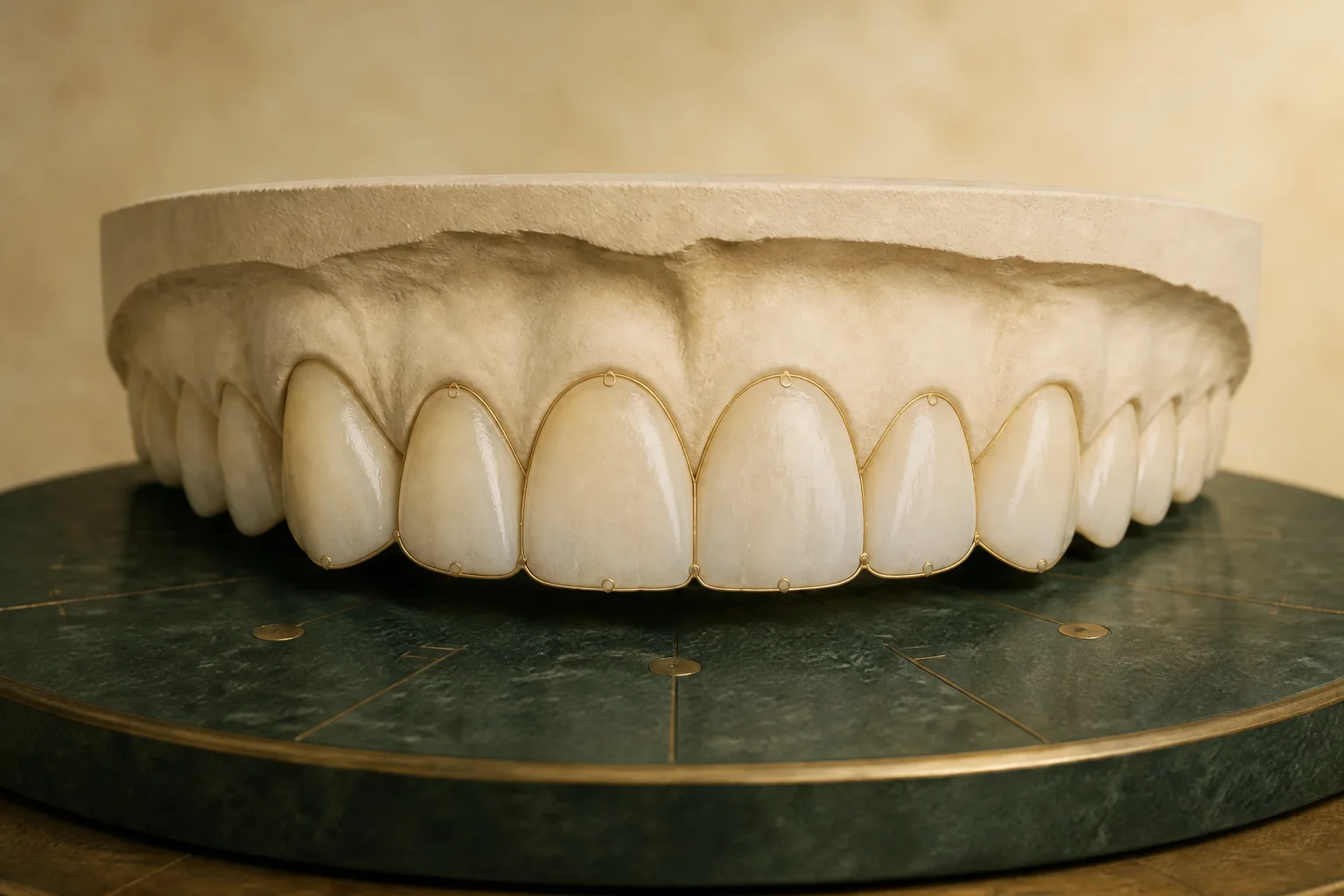 Planned fictional dental study model with visibly adjusted front-tooth proportions and brass contour annotations