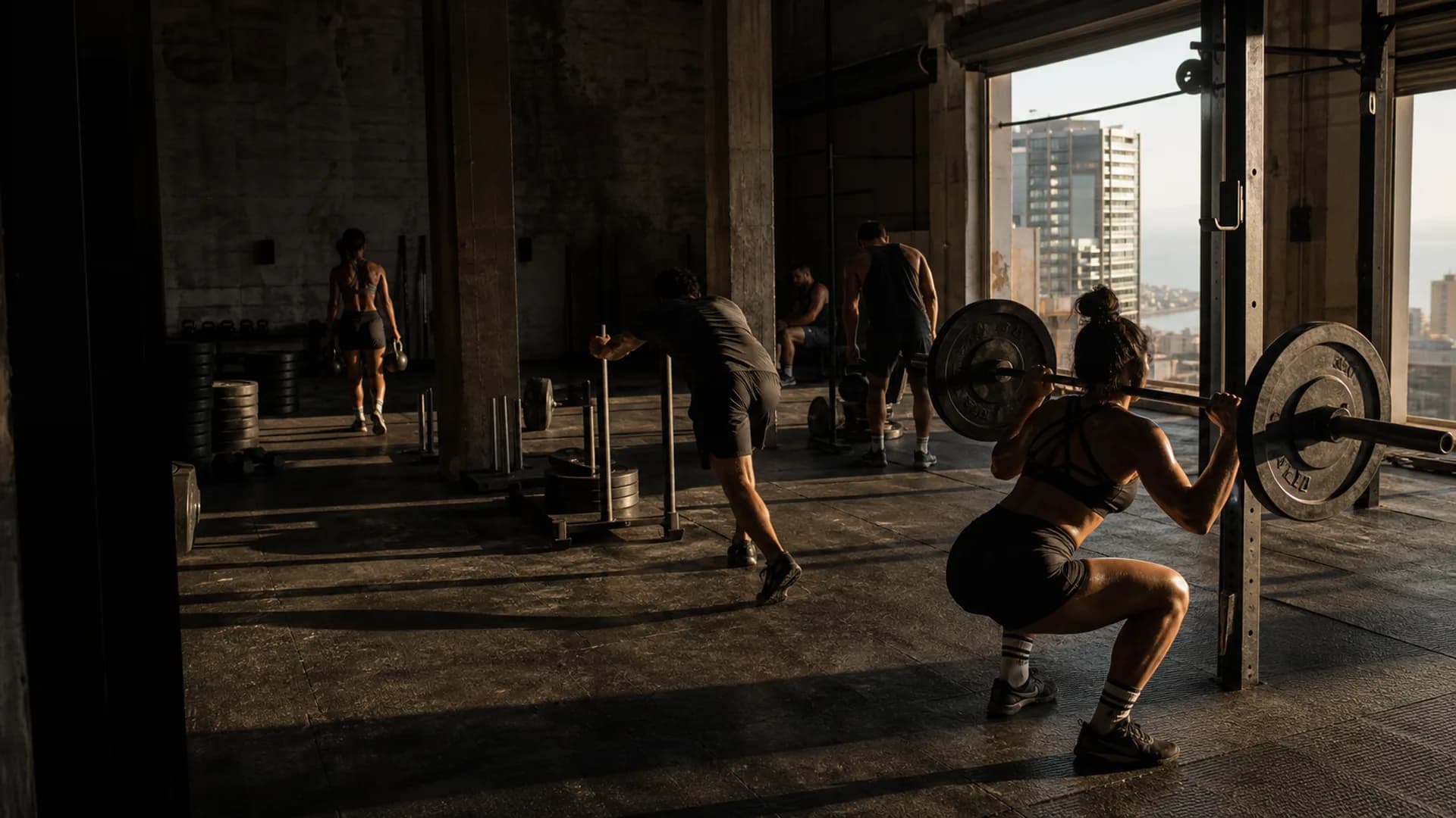 Fictional FORGE training floor with strength and conditioning zones