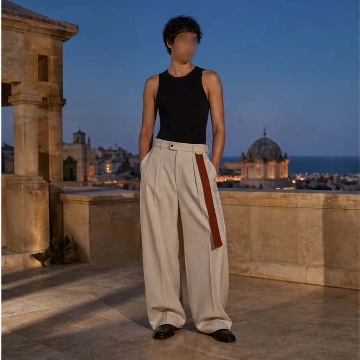 Fictional Terrace Trouser campaign view on the After Hours rooftop