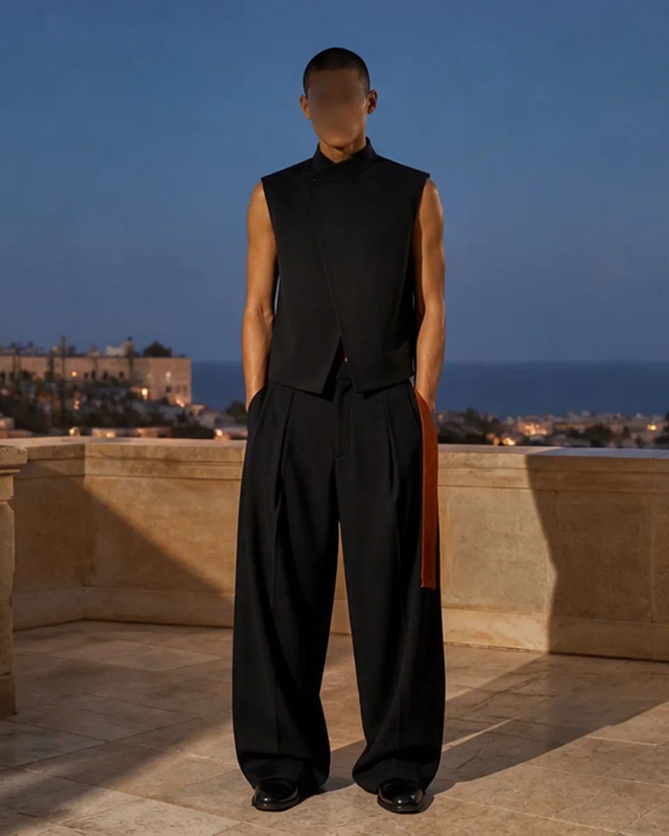 Fictional Shadow Vest on the After Hours rooftop at blue hour