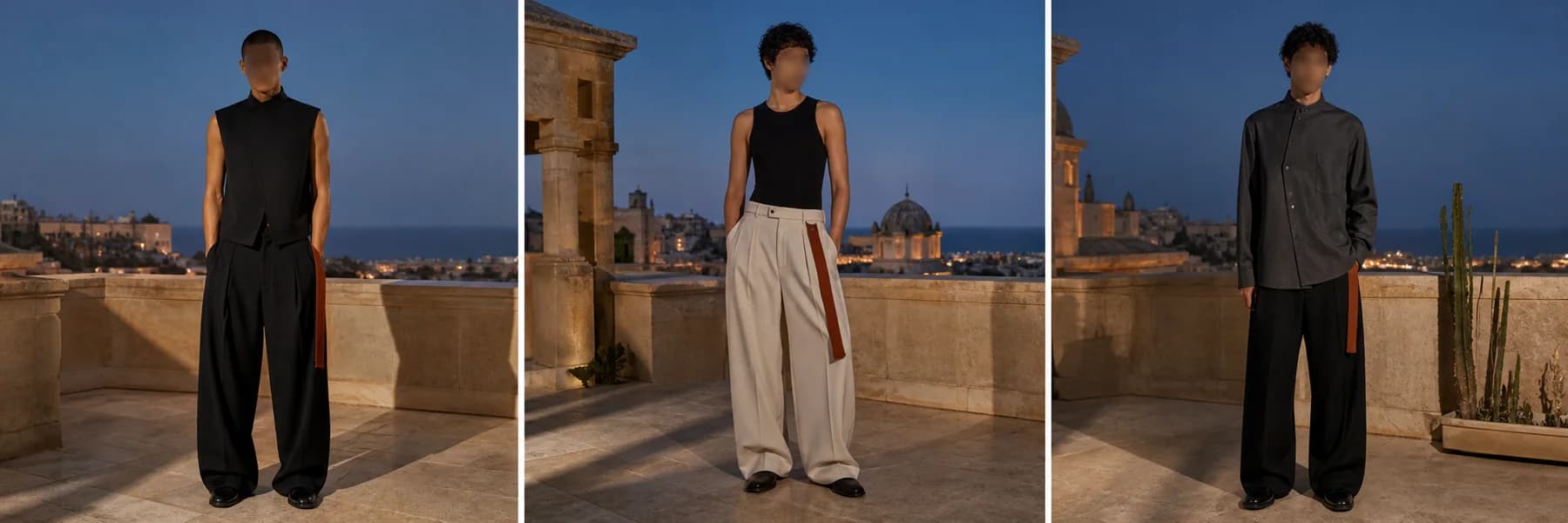Fictional After Hours garments photographed on a limestone rooftop at blue hour