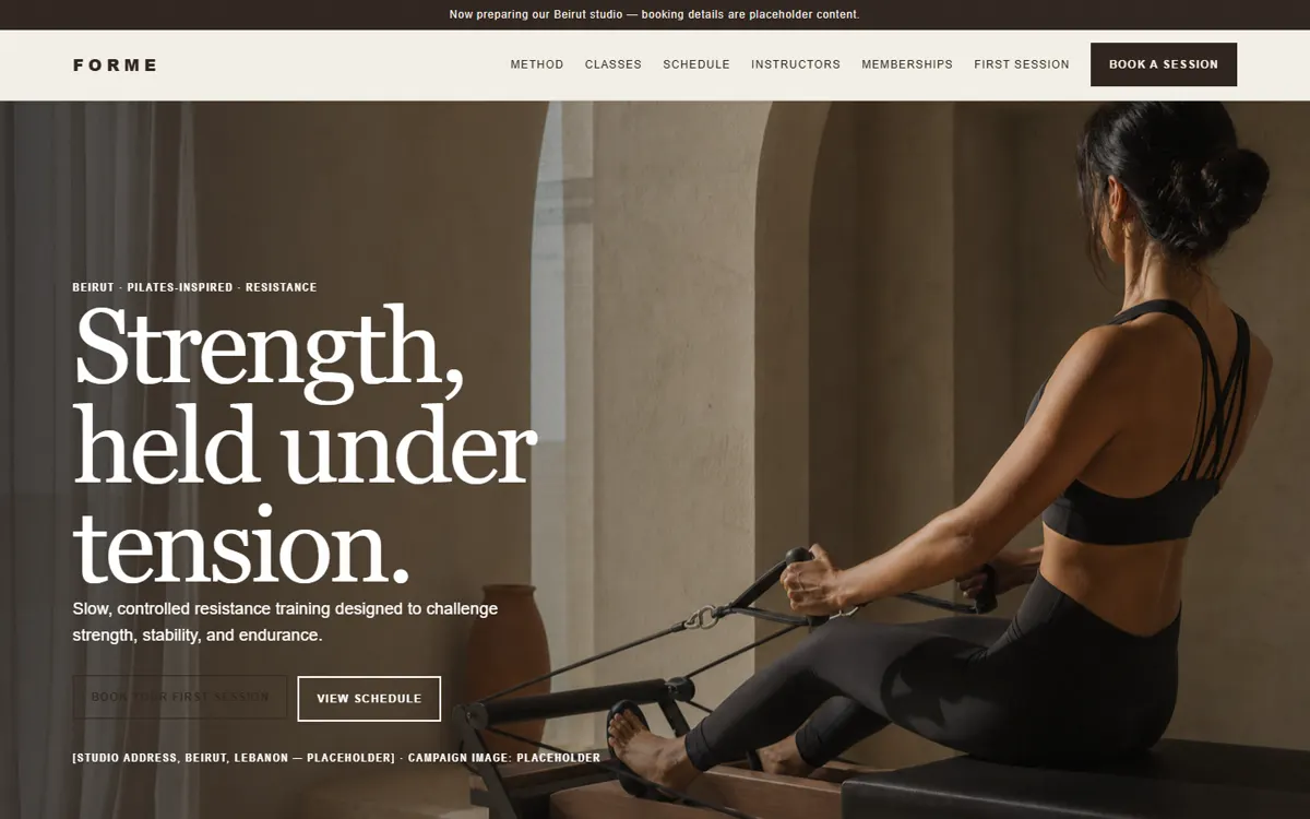 FORME movement studio homepage with warm architectural photography and resistance training