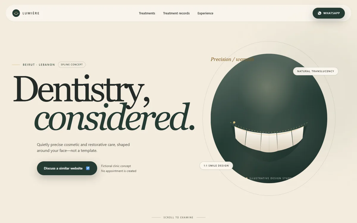 Lumière fictional dental clinic homepage with a calm cream and navy editorial interface