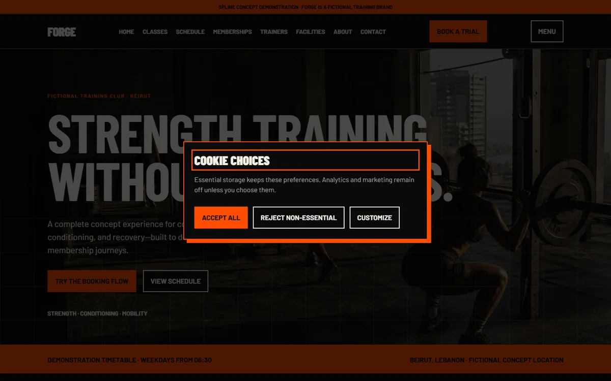 Northline fictional gym homepage with original blue-lit training photography
