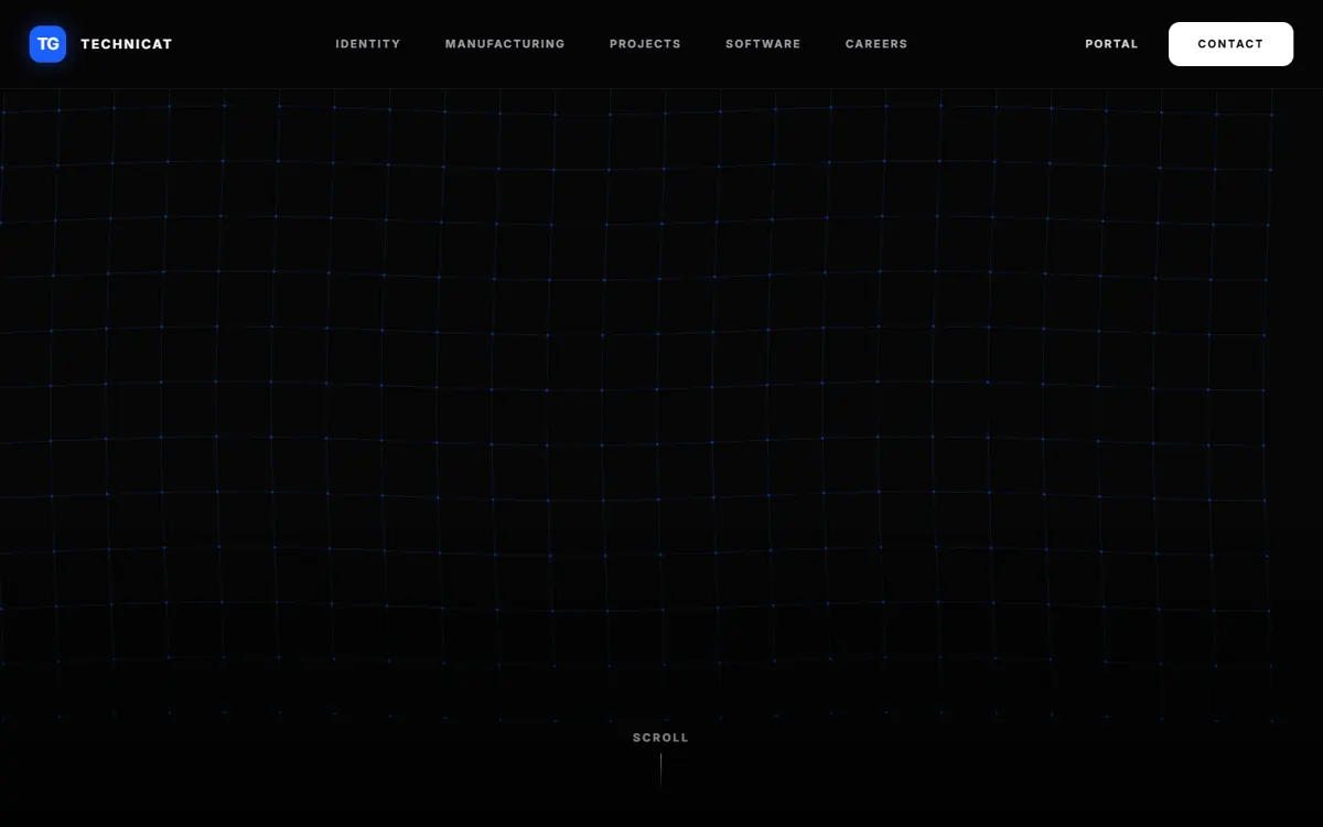 Technicat homepage with a dark responsive grid field and technical navigation